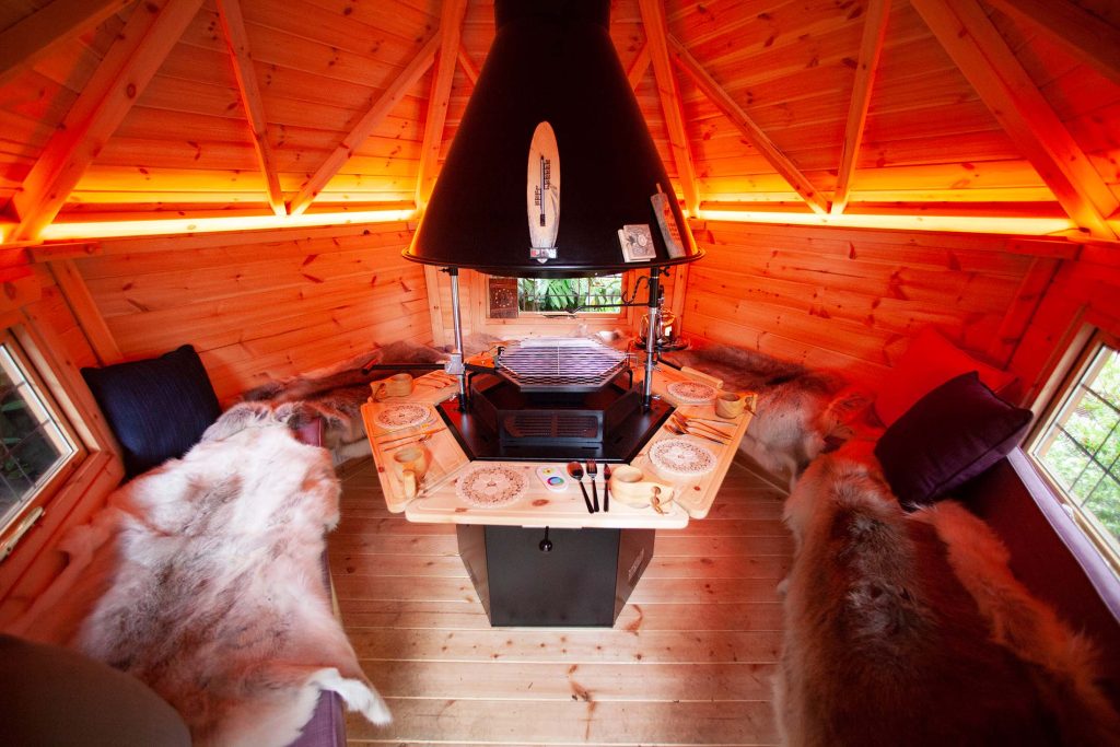 inside of a bbq cabin with LED lights